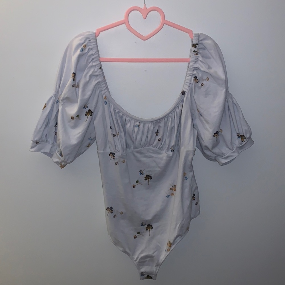 Free People White Floral Puff Sleeve Bodysuit